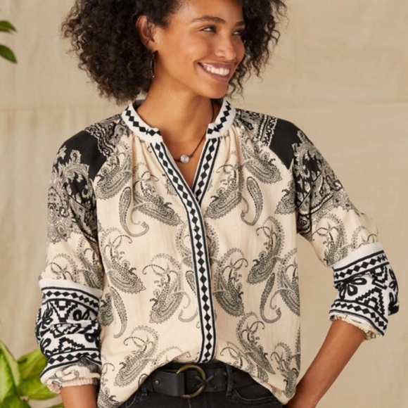 Tolani Tops - Tolani cadence embroidered blouse long sleeve Black White Paisley large Sundance